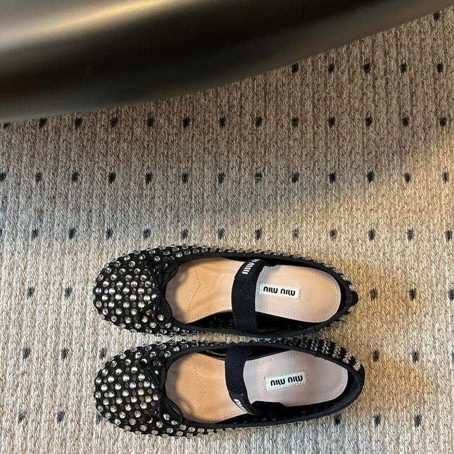 MIUMIU 26S BALLERINA FLATS IN BLACK MESH CALFSKIN WITH RHINESTONES