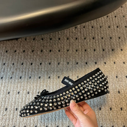 MIUMIU 26S BALLERINA FLATS IN BLACK MESH CALFSKIN WITH RHINESTONES