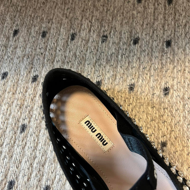 MIUMIU 26S BALLERINA FLATS IN BLACK MESH CALFSKIN WITH RHINESTONES