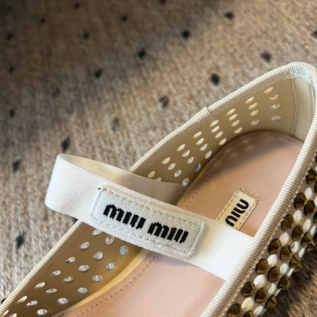 MIUMIU 26S BALLERINA FLATS IN LIGHT BEIGE MESH CALFSKIN WITH RHINESTONES