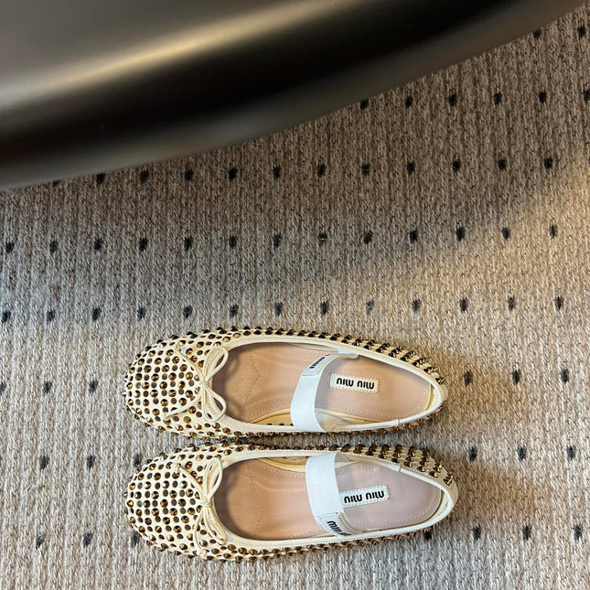 MIUMIU 26S BALLERINA FLATS IN LIGHT BEIGE MESH CALFSKIN WITH RHINESTONES