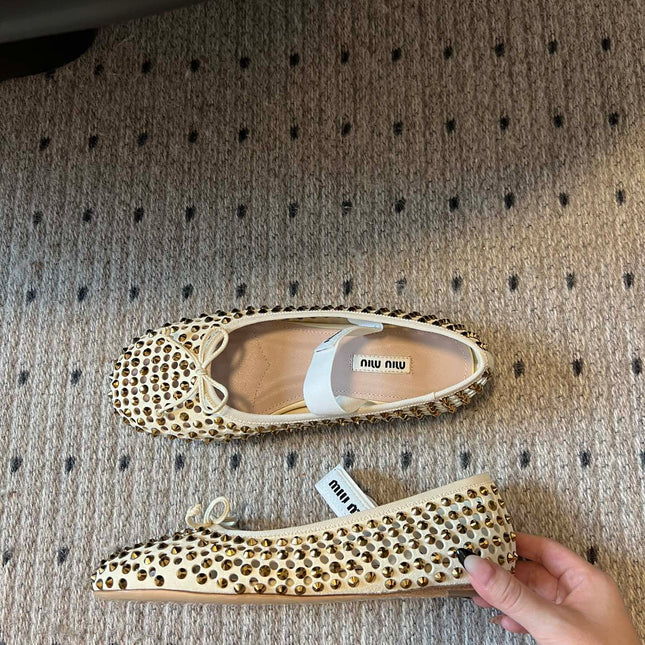 MIUMIU 26S BALLERINA FLATS IN LIGHT BEIGE MESH CALFSKIN WITH RHINESTONES