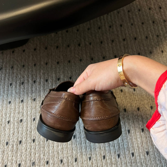 MIUMIU 26S PENNY LOAFERS IN BROWN CALFSKIN GOLD HARDWARE