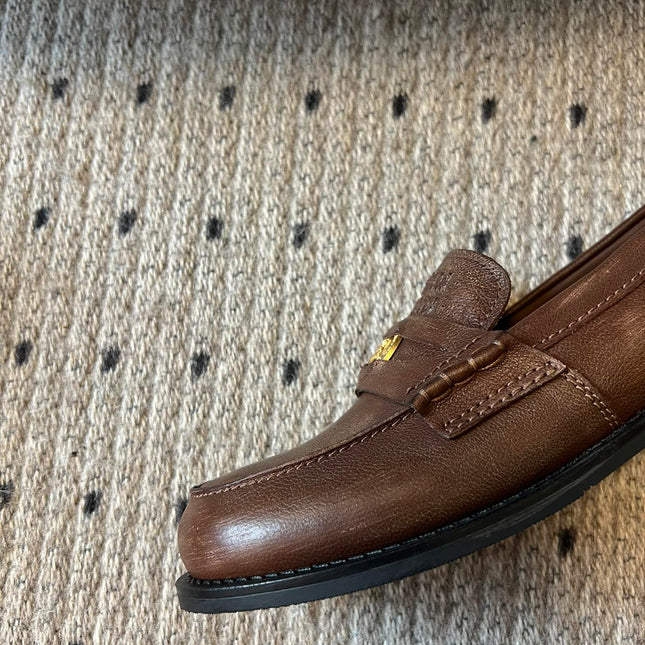 MIUMIU 26S PENNY LOAFERS IN BROWN CALFSKIN GOLD HARDWARE