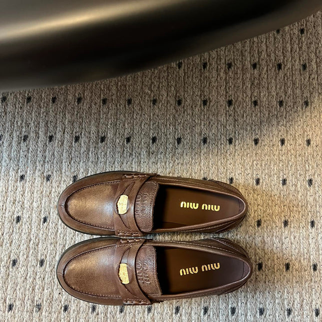 MIUMIU 26S PENNY LOAFERS IN BROWN CALFSKIN GOLD HARDWARE