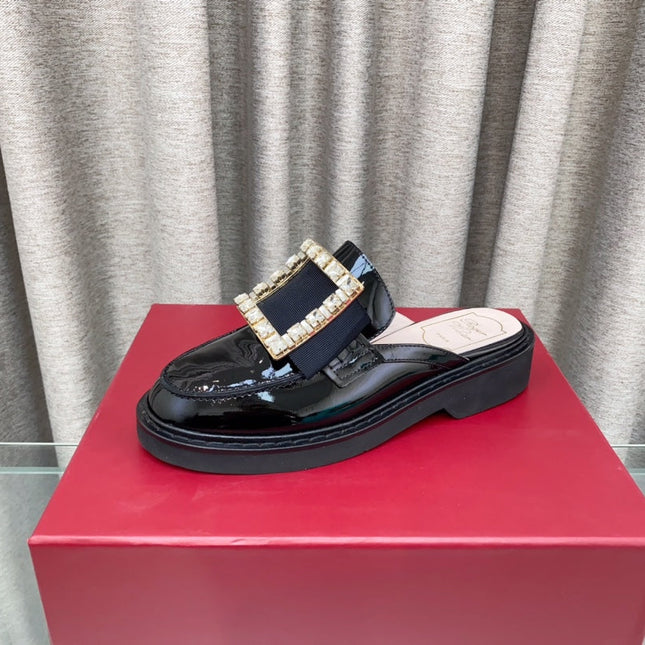 VIV' RANGERS MULES IN BLACK PATENT CALFSKIN CRYSTAL BUCKLE