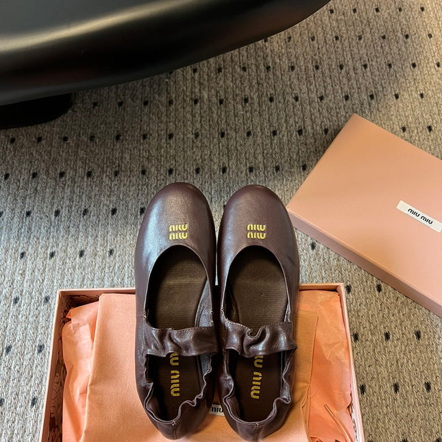 MIUMIU 26S BALLERINAS IN DARK BROWN RUCHES NAPPA CALFSKIN