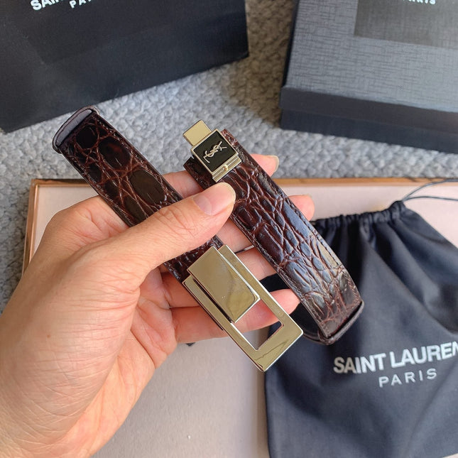 YSL 25S BELT 24 MM IN DARK BROWN EMBOSSED CALFSKIN STYLE 2 529686