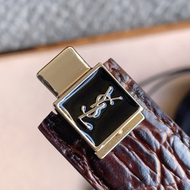 YSL 25S BELT 24 MM IN DARK BROWN EMBOSSED CALFSKIN STYLE 2 529686