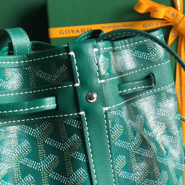 PETIT FLOT BUCKET BAG 22 IN GREEN GOYARDINE CANVAS AND LAMBSKIN TRIM