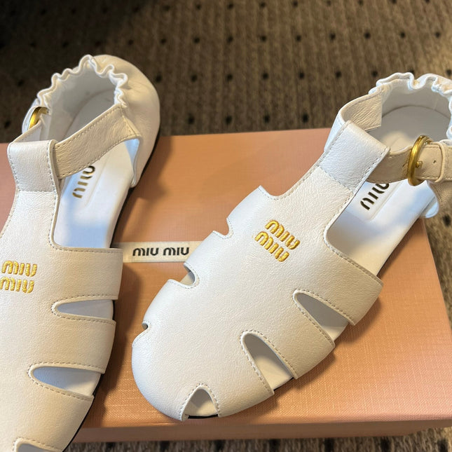 MIUMIU 26S FISHERMAN SANDALS IN WHITE RUCHES NAPPA CALFSKIN