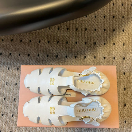 MIUMIU 26S FISHERMAN SANDALS IN WHITE RUCHES NAPPA CALFSKIN