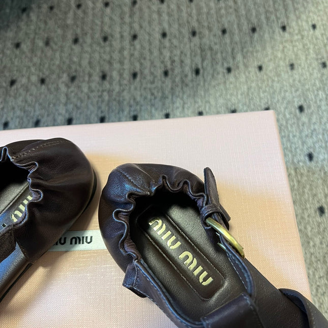 MIUMIU 26S FISHERMAN SANDALS IN DARK BROWN RUCHES NAPPA CALFSKIN