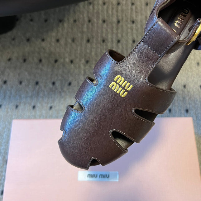 MIUMIU 26S FISHERMAN SANDALS IN DARK BROWN RUCHES NAPPA CALFSKIN