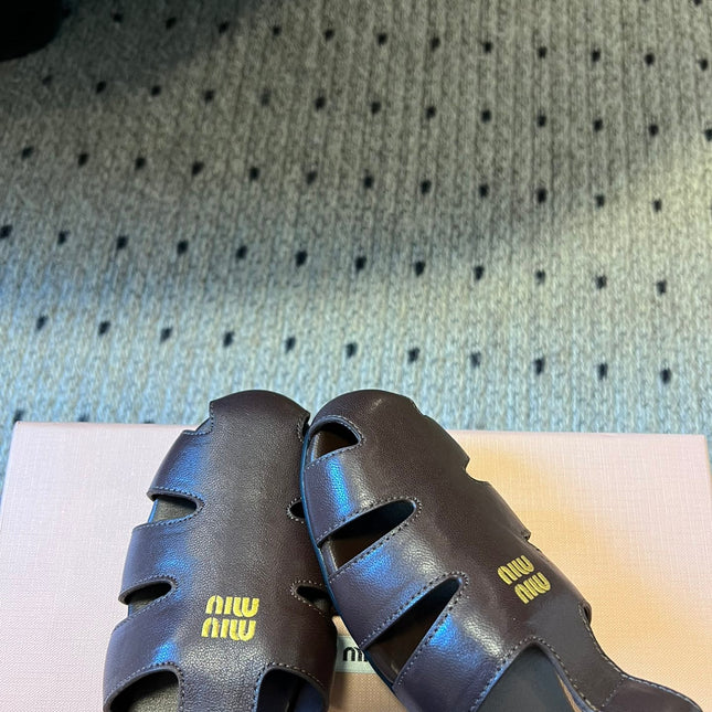 MIUMIU 26S FISHERMAN SANDALS IN DARK BROWN RUCHES NAPPA CALFSKIN