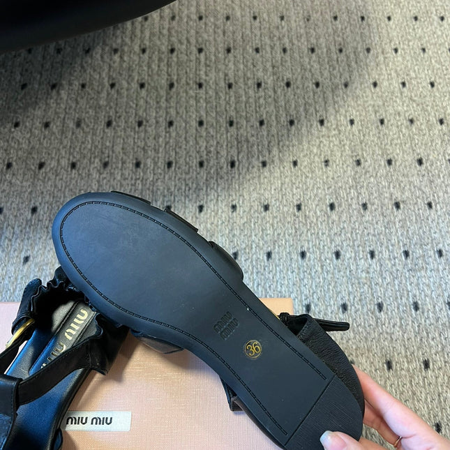 MIUMIU 26S FISHERMAN SANDALS IN BLACK RUCHES NAPPA CALFSKIN