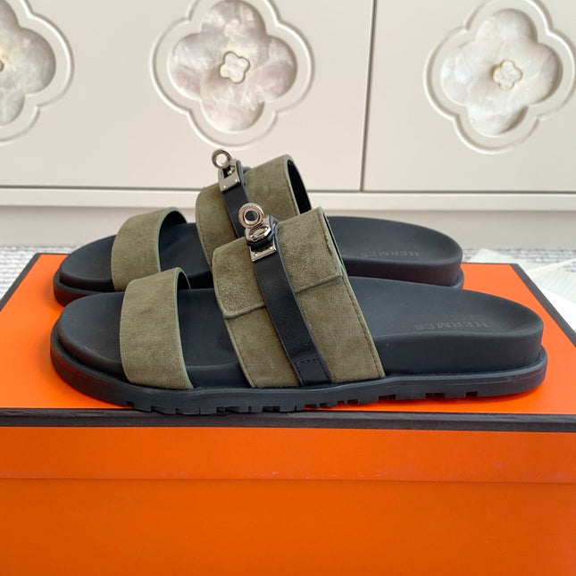 HM 26S KELLY BUCKLE DOUBLE STRAP SANDALS IN MOSS GREEN SUEDE SILVER HARDWARE