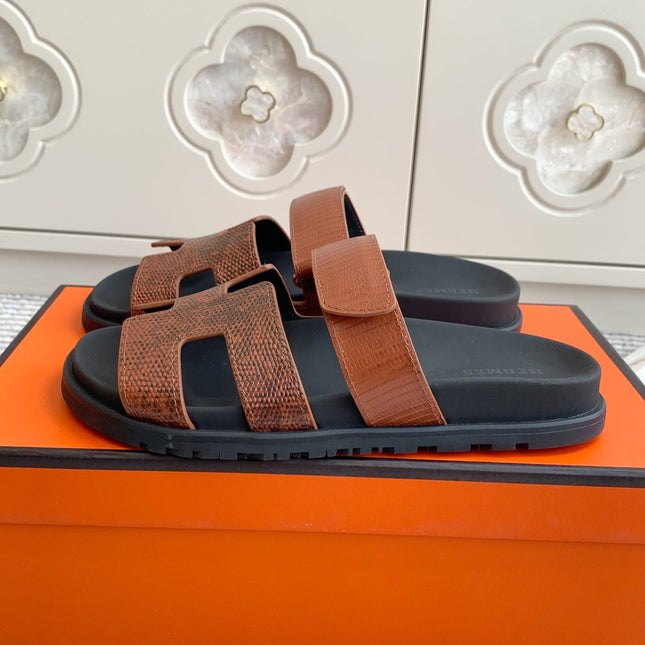 HM 26S CHYPRE SANDALS IN BROWN LIZARD EMBOSSED CALFSKIN
