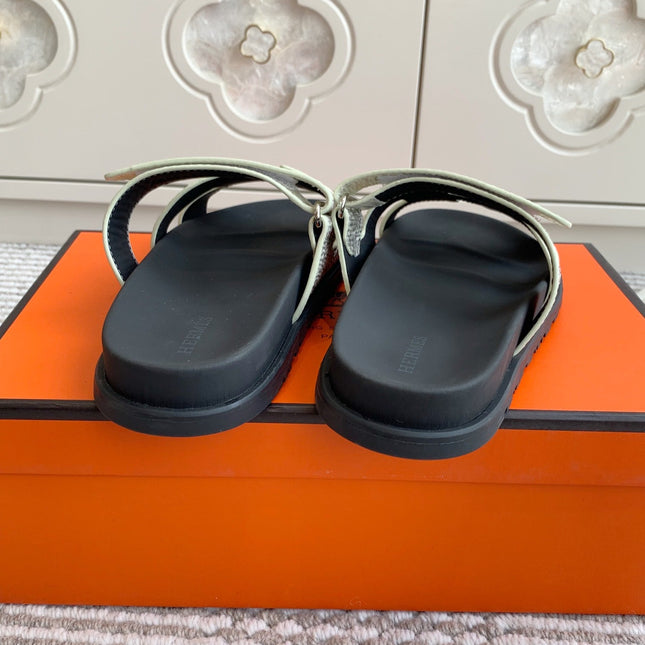 HM 26S CHYPRE SANDALS IN IVORY WHITE CALFSKIN WITH PRINTED CALFSKIN STRAP