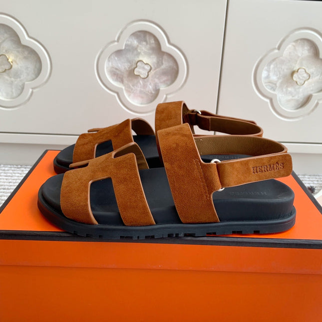 HM 26S CHYPRE SANDAL WITH BACK STRAP IN CARAMEL BROWN SUEDE
