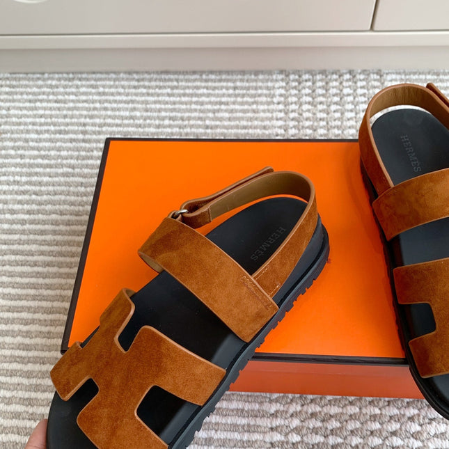 HM 26S CHYPRE SANDAL WITH BACK STRAP IN CARAMEL BROWN SUEDE