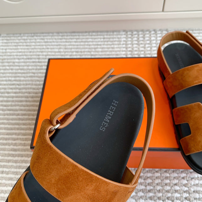 HM 26S CHYPRE SANDAL WITH BACK STRAP IN CARAMEL BROWN SUEDE
