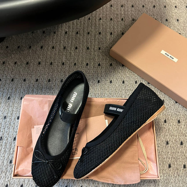 MIUMIU 26S BALLERINAS IN BLACK MESH FABRIC WITH BOW