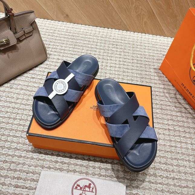 HM 26S CROSS-STRAP SLIDE SANDALS IN NAVY BLUE CALFSKIN AND BLUE SUEDE