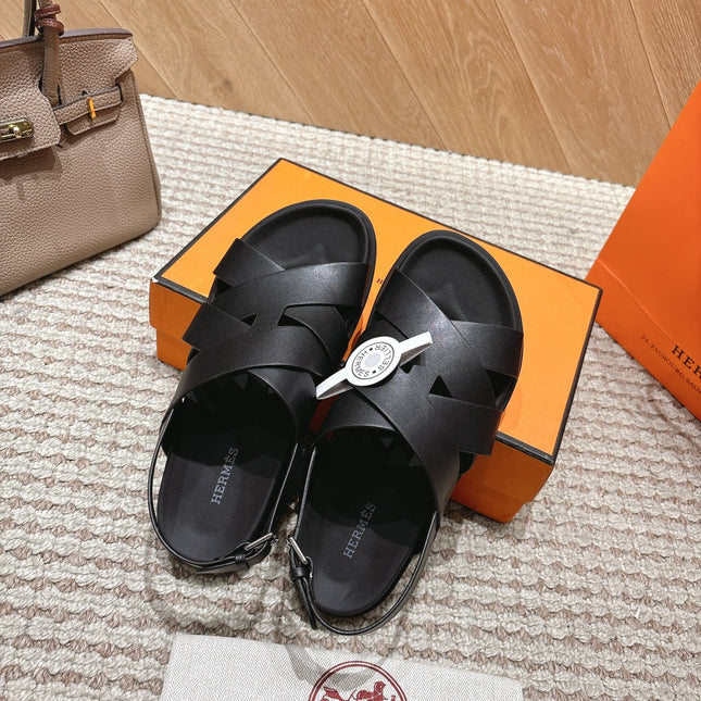 HM 26S CROSS-STRAP SANDALS IN BLACK CALFSKIN