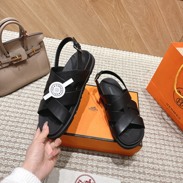 HM 26S CROSS-STRAP SANDALS IN BLACK CALFSKIN
