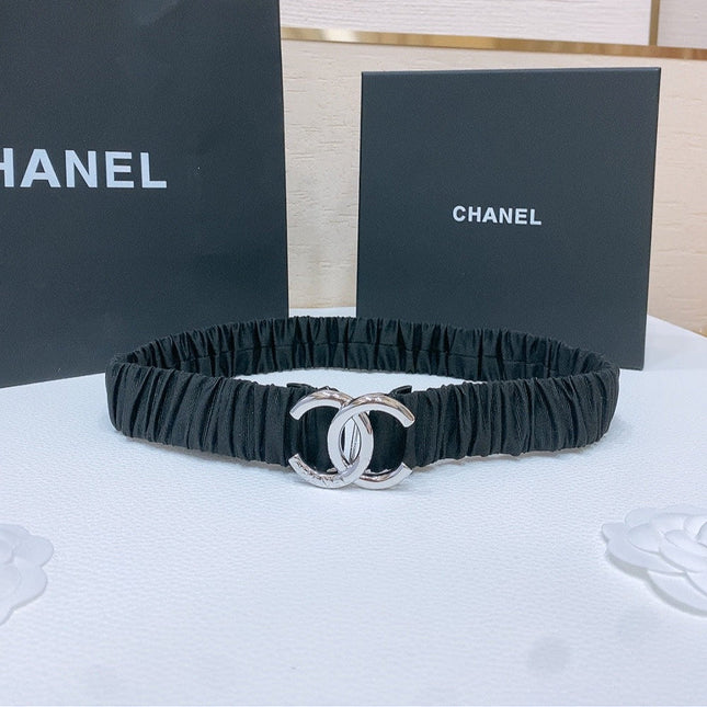 DOUBLE C ELASTIC BELT 30MM IN BLACK CANVAS SILVER HARDWARE