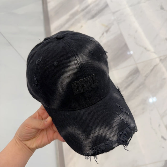 MIUMIU BASEBALL CAP IN BLACK DISTRESSED FABRIC STYLE 4