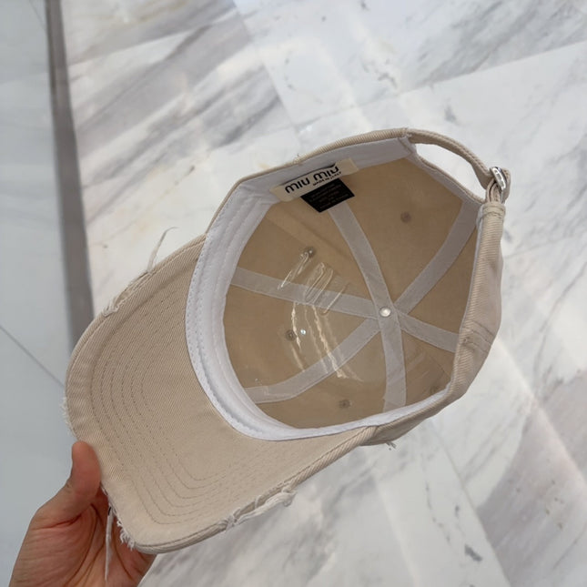 MIUMIU BASEBALL CAP IN LIGHT BEIGE DISTRESSED FABRIC STYLE 3