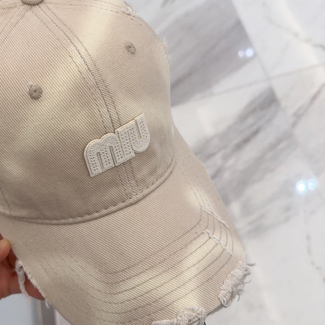MIUMIU BASEBALL CAP IN LIGHT BEIGE DISTRESSED FABRIC STYLE 3