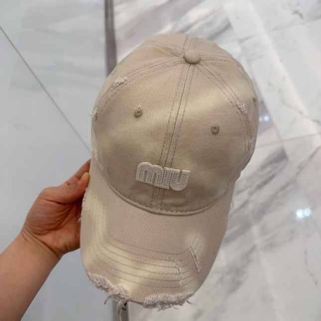 MIUMIU BASEBALL CAP IN LIGHT BEIGE DISTRESSED FABRIC STYLE 3
