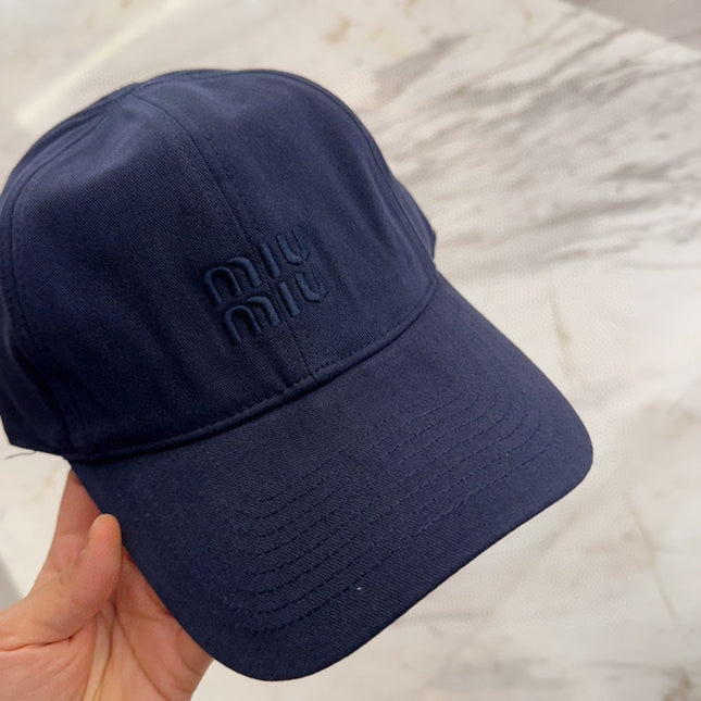 MIUMIU BASEBALL CAP IN NAVY BLUE FABRIC EMBROIDERED LOGO STYLE 1