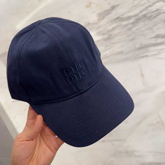 MIUMIU BASEBALL CAP IN NAVY BLUE FABRIC EMBROIDERED LOGO STYLE 1