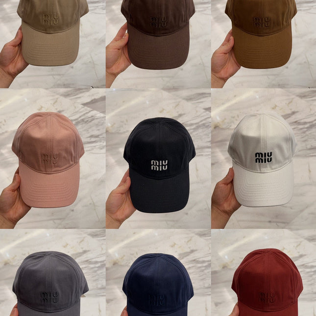 MIUMIU BASEBALL CAP IN NAVY BLUE FABRIC EMBROIDERED LOGO STYLE 1