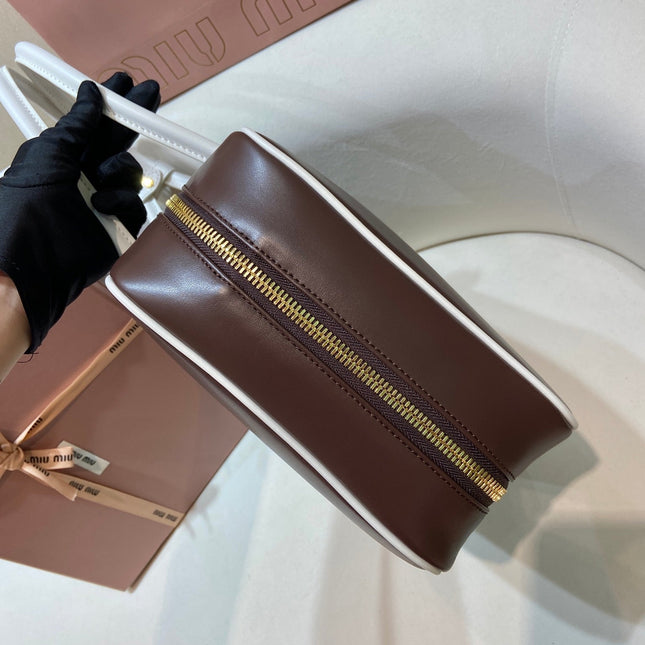 MIUMIU 26S BEAU BAG 34 IN DARK BROWN AND WHITE CALFSKIN