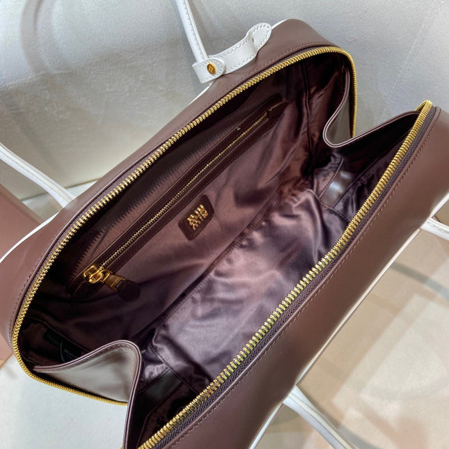 MIUMIU 26S BEAU BAG 34 IN DARK BROWN AND WHITE CALFSKIN