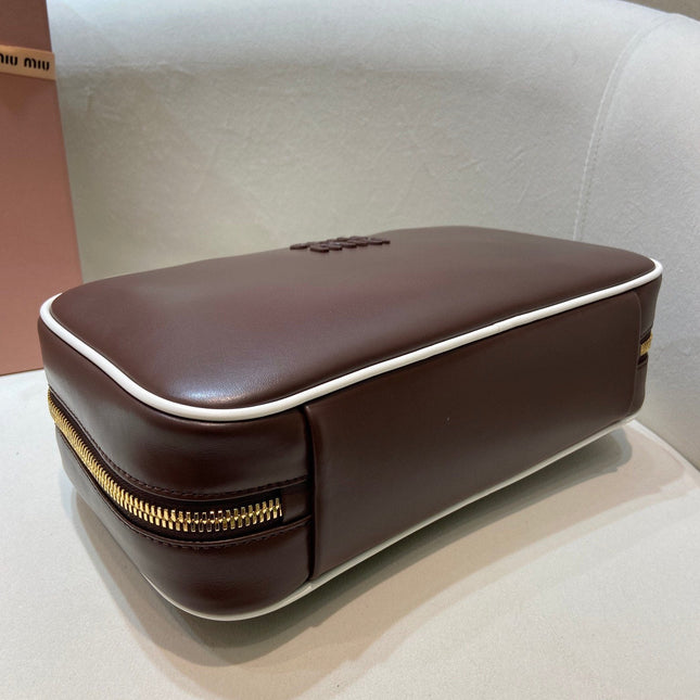 MIUMIU 26S BEAU BAG 30 IN DARK BROWN AND WHITE CALFSKIN