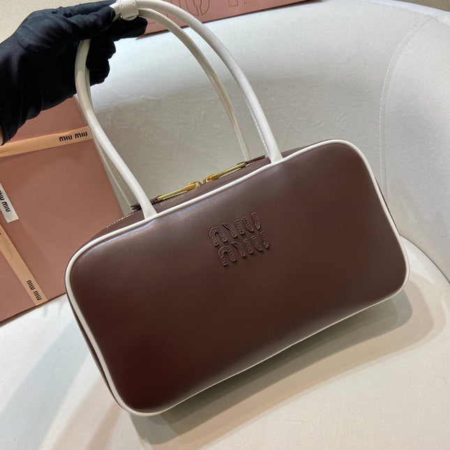 MIUMIU 26S BEAU BAG 30 IN DARK BROWN AND WHITE CALFSKIN