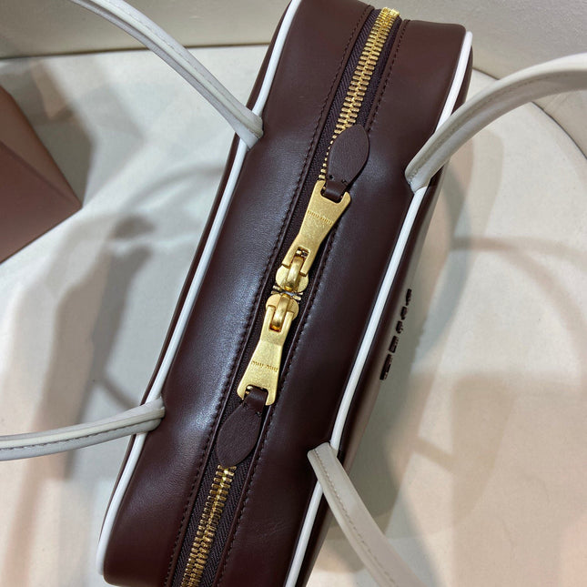 MIUMIU 26S BEAU BAG 30 IN DARK BROWN AND WHITE CALFSKIN