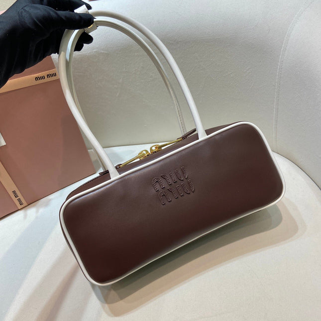 MIUMIU 26S BEAU BAG 28 IN DARK BROWN AND WHITE CALFSKIN