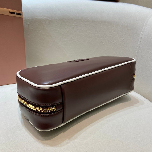 MIUMIU 26S BEAU BAG 28 IN DARK BROWN AND WHITE CALFSKIN