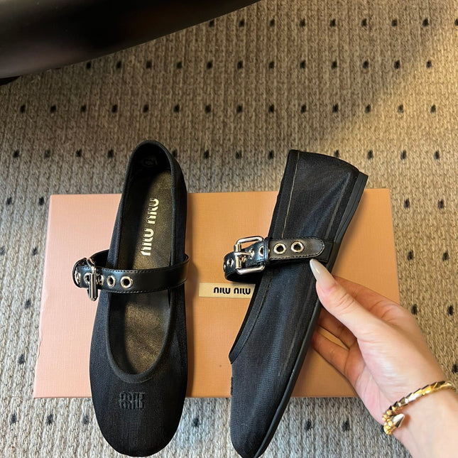 MIUMIU 26S BALLERINAS IN BLACK MESH FABRIC