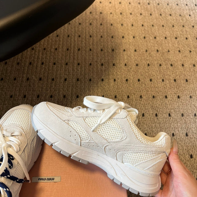 MIUMIU 26S SNEAKERS IN WHITE MESH MIX CALFSKIN