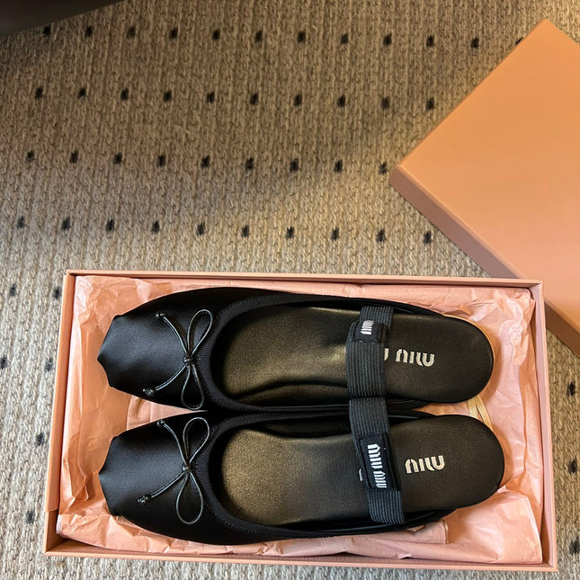 MIUMIU 26S BALLET MULES IN BLACK SATIN WITH BOW
