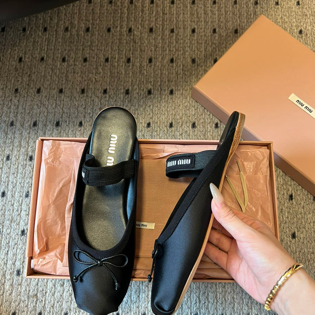 MIUMIU 26S BALLET MULES IN BLACK SATIN WITH BOW