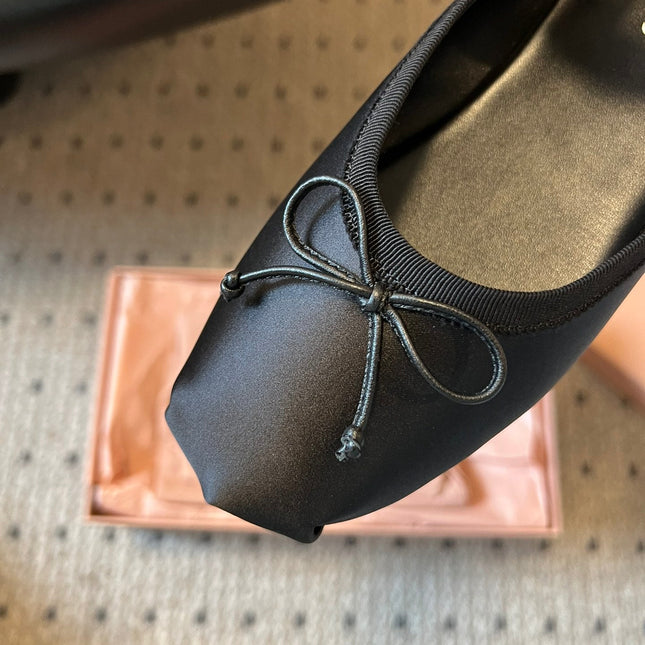 MIUMIU 26S BALLET MULES IN BLACK SATIN WITH BOW